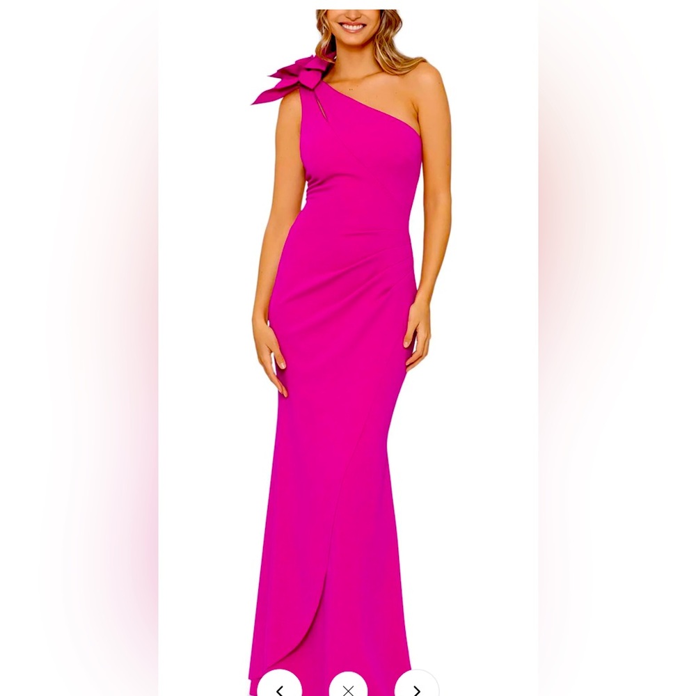 Xscape one shoulder flower pleated gown fuchsia 14